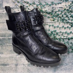 Karl Lagerfeld Paris Pippa Jeweled Strap Leather Lug Sole Combat Booties